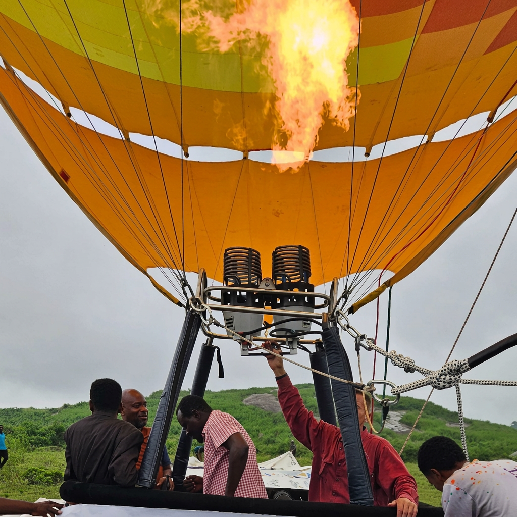 The burner of the Skytrek balloon firing above the basket before flight