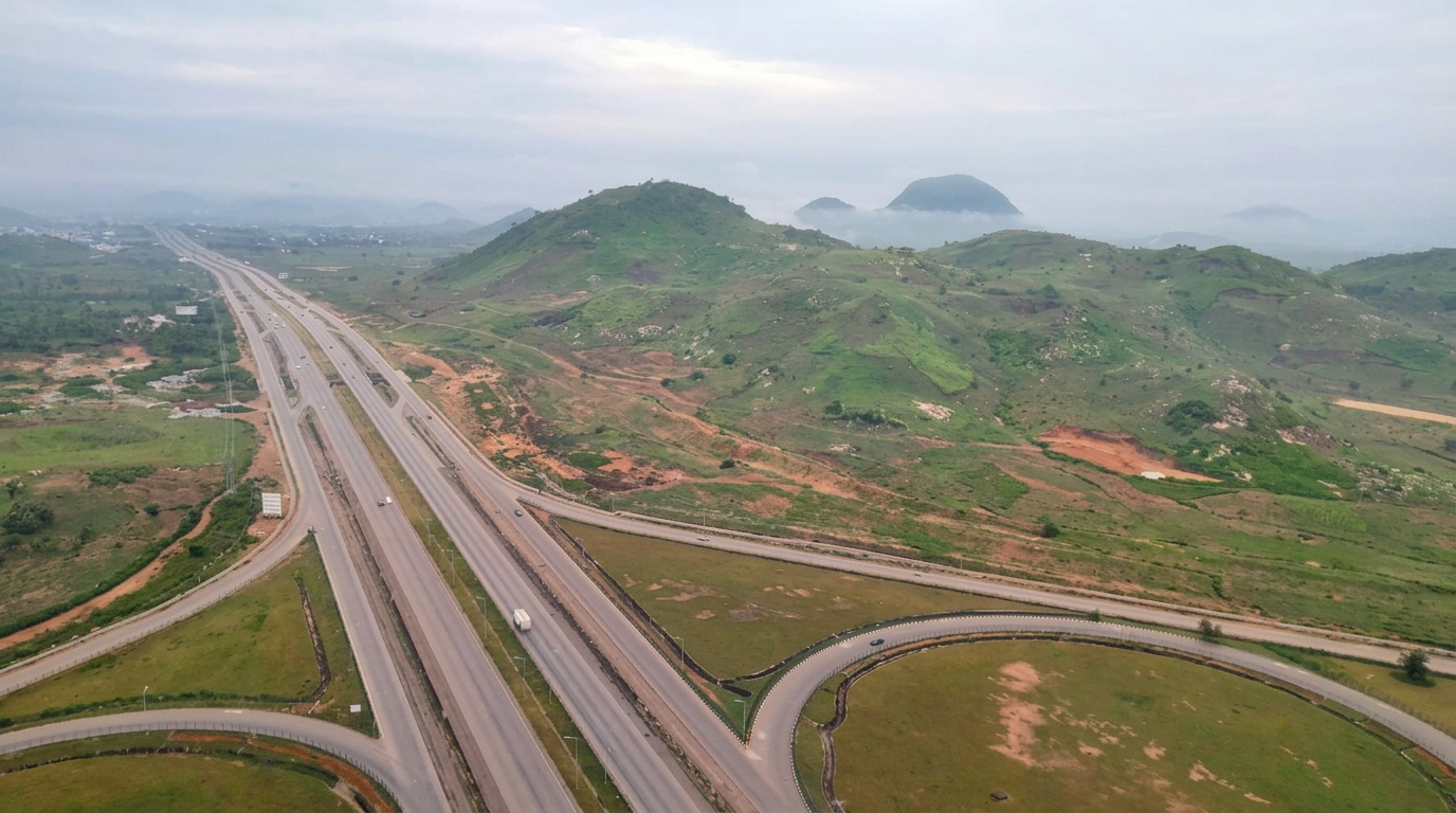 The view from a Skytrek balloon over the hills and highways of Abuja